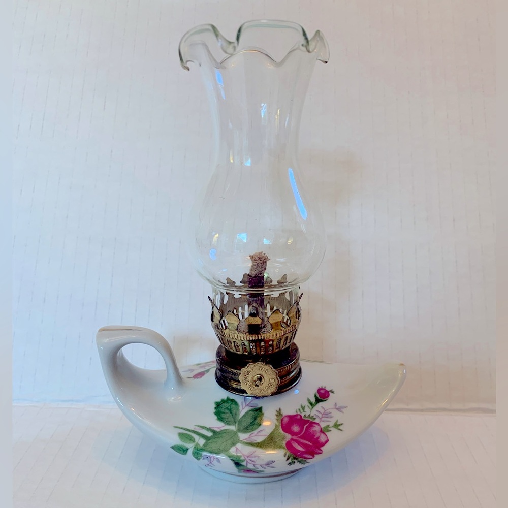 Vintage Miniature Porcelain Oil Lamp. Rose Flower Design. Knick Knack Decor